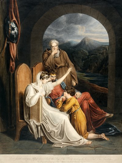 Queen Judith reciting to Alfred when a Child the Songs of the Bards describing the heroic Deeds of his Ancestors, pub. 1801 by Richard Westall